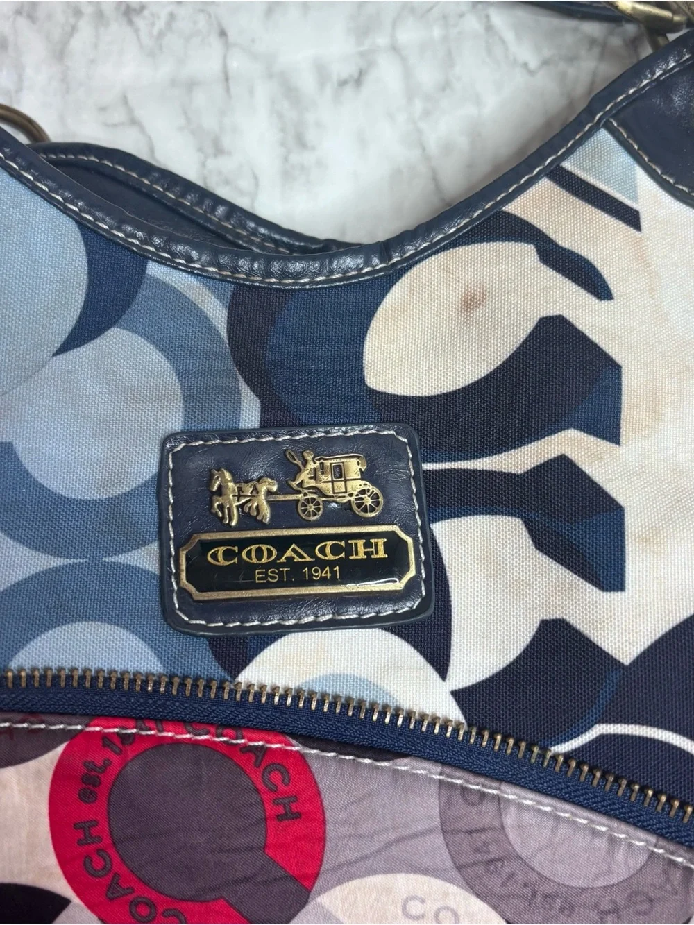 Coach Patchwork Y2K Shoulder Bag Purse multicolor Navy Red Gray Cream retro